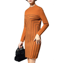 Striped pattern Long sleeve crew neck High quality customize fashion spring knitting ladies jacquard knitted sweater dress